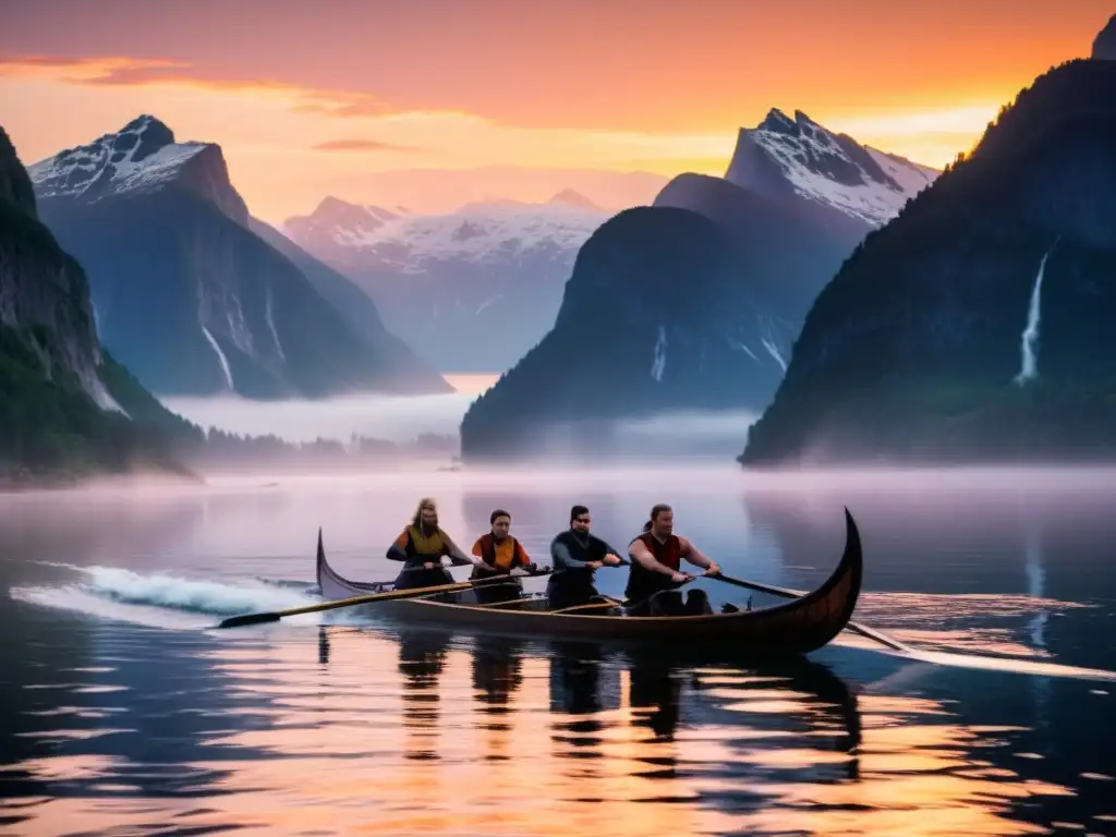 Equipo vikingo remando en un fiordo al amanecer, mostrando intensidad y trabajo en equipo en ejercicios de resistencia vikinga para remo