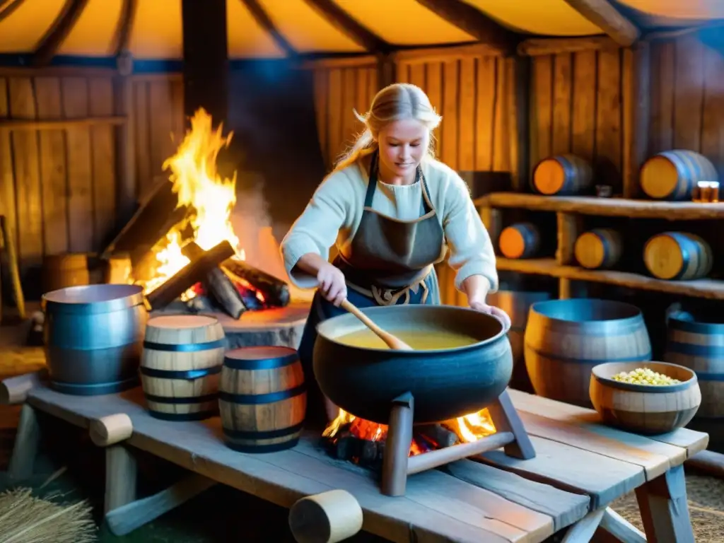 Escena acogedora de elaboración casera de bebidas vikingas en cocina de casa larga, con ingredientes y gente trabajando