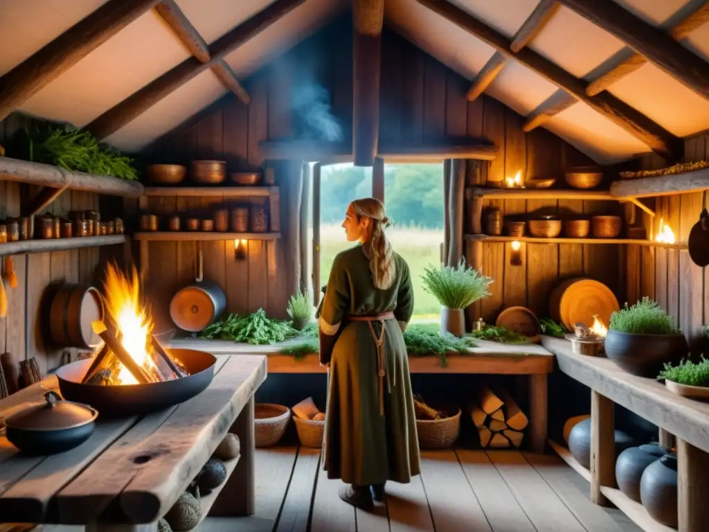 Escena acogedora en interior de casa vikinga con hierbas medicinales y mujer vikinga seleccionando ingredientes para cocinar, iluminada por fuego