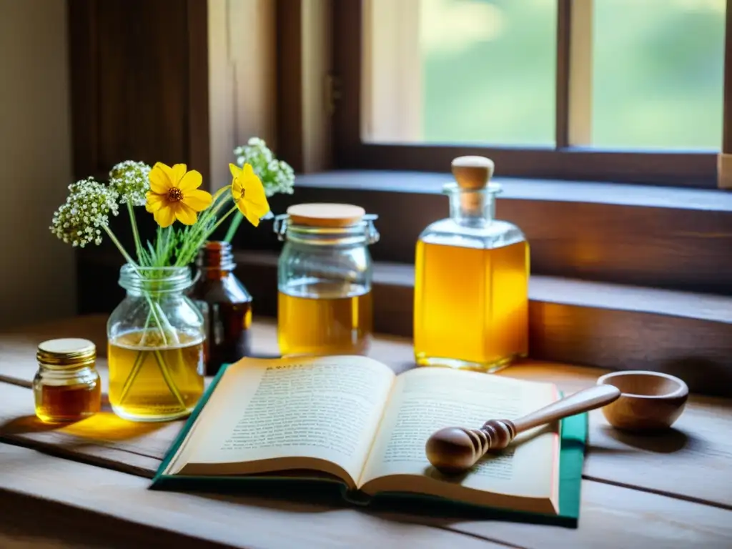 Escena acogedora de mesa de cocina con botellas antiguas, miel dorada, flores silvestres y libro de recetas, todo iluminado por luz natural