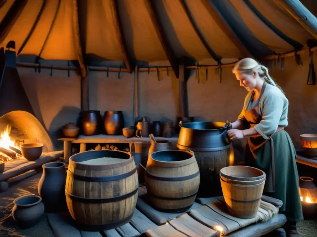 Escena de fermentación de alimentos vikingos en cocina tradicional de casa larga