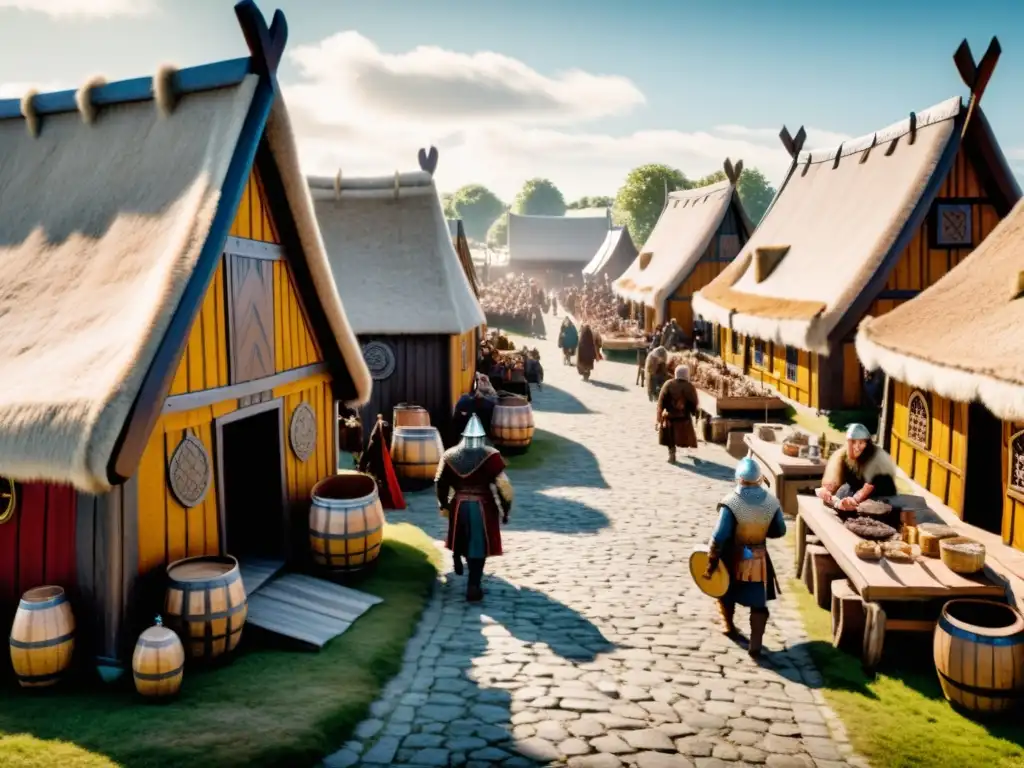 Escena animada del bullicioso mercado vikingo de Hedeby, con comerciantes vendiendo pieles, joyas y armas