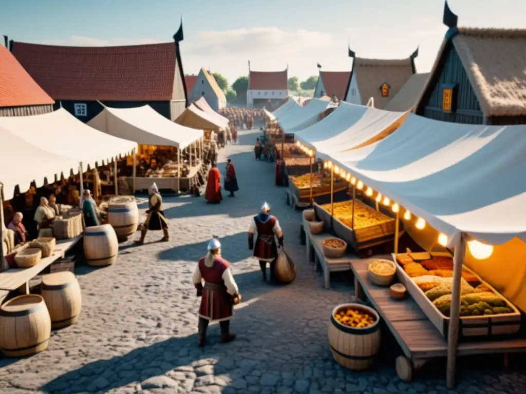 Escena animada del comercio vikingo en la Isla Gotland, con barcos, comerciantes y un bullicioso mercado medieval