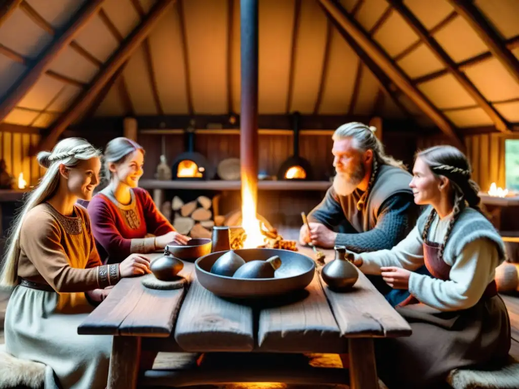 Escena cálida en asentamiento vikingo: familia reunida en mesa larga decorada, actividades diarias