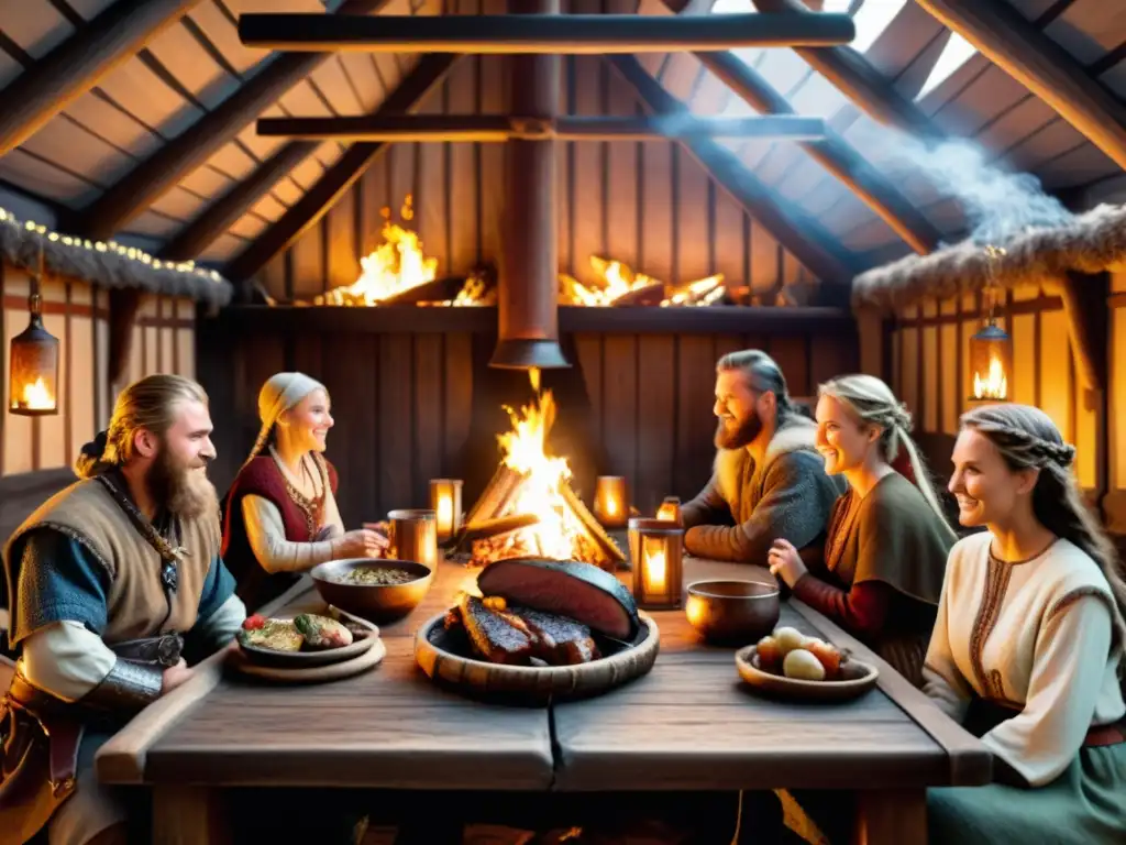 Escena de un banquete en el interior de una casa vikinga, con comida tradicional y personas vestidas de época