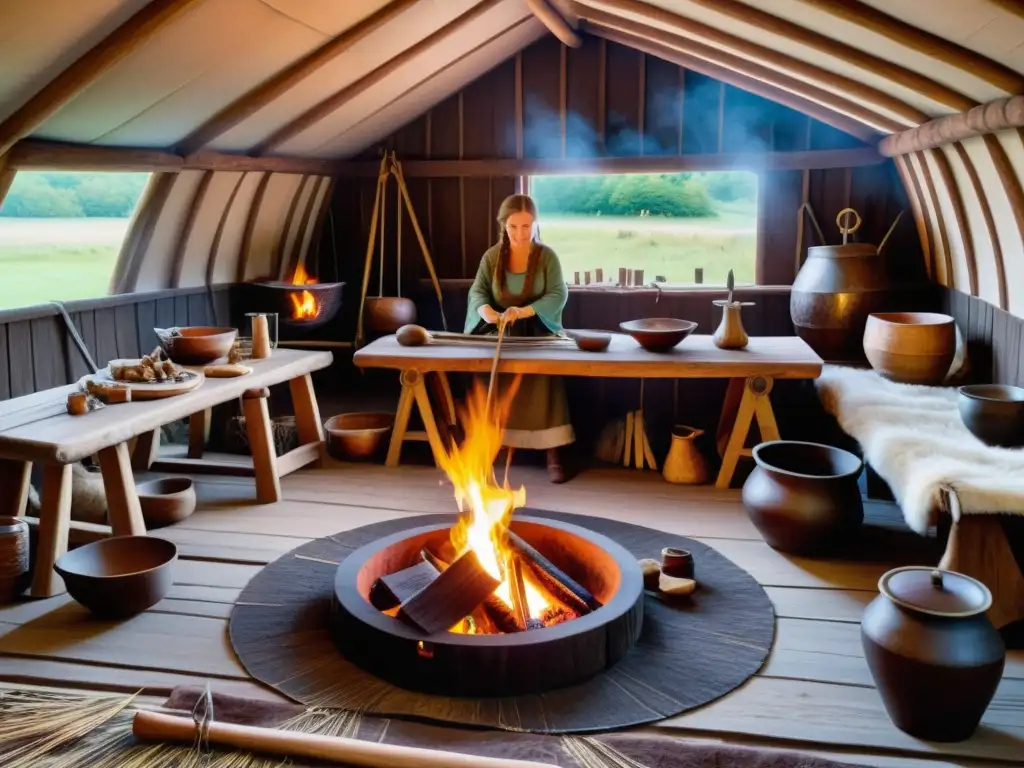 Escena cálida de artes domésticas vikingas para vida cotidiana: mujeres tejiendo, cocinando y haciendo cerámica en una casa vikinga