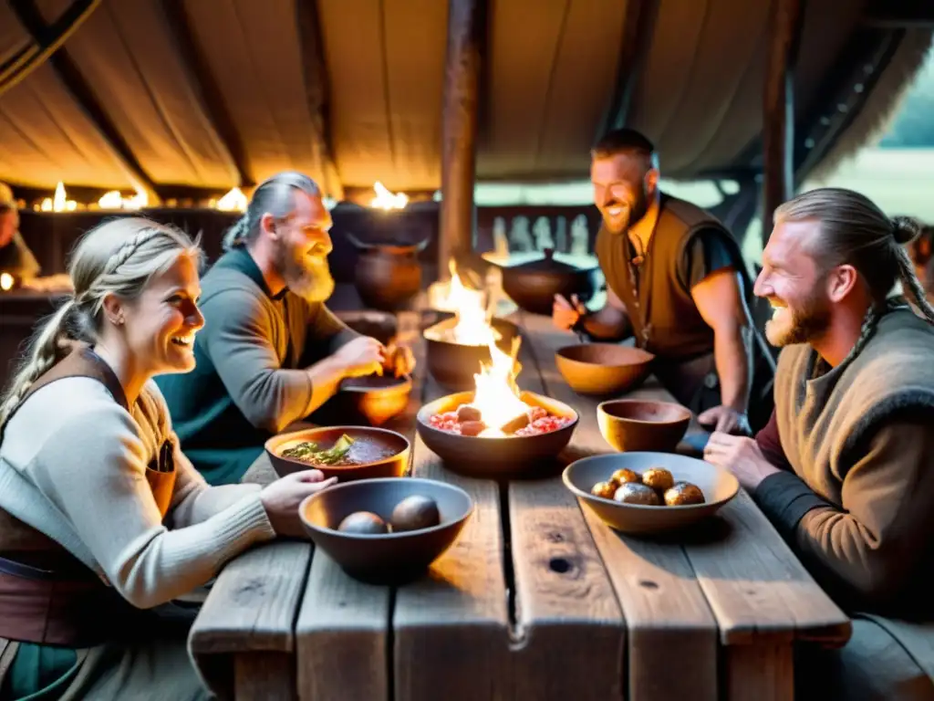 Una escena cálida de camaradería en una casa vikinga, con una mesa llena de comida y vikingos riendo juntos