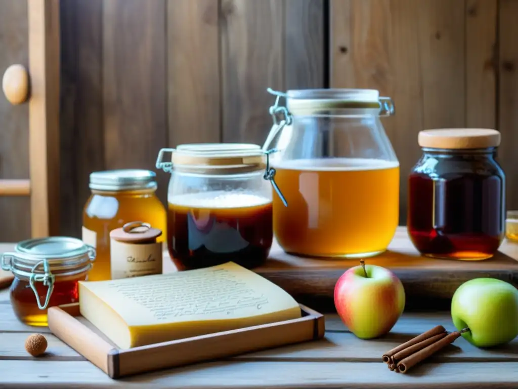 Escena cálida con ingredientes y herramientas para elaborar hidromiel casero fácil en mesa rústica de madera