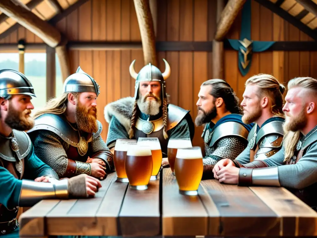 Una escena de camaradería y celebración con guerreros vikingos disfrutando de variedades de cerveza vikinga y hidromiel en una taberna histórica