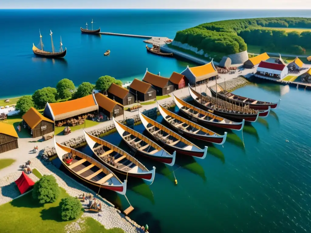 Escena del comercio vikingo en la Isla Gotland: puertos con barcos, mercaderes y actividad bulliciosa