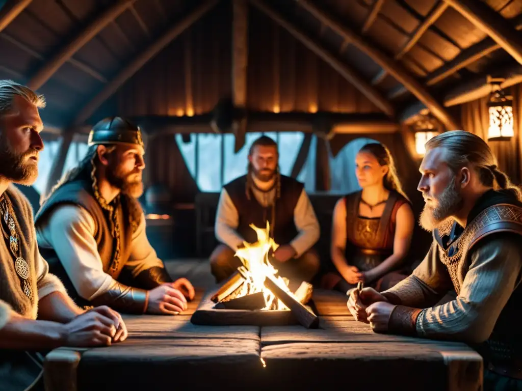 Escena de conflictos internos en la expansión vikinga dentro de una casa larga, con tallados en madera y luz de fuego