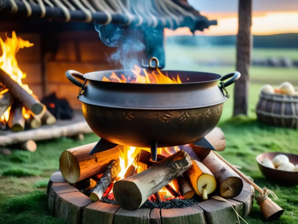 Una escena culinaria vikinga, con un caldero tradicional sobre el fuego y ingredientes frescos