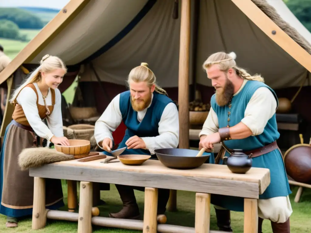 Vikingos: Vida cotidiana y comercio en la aldea medieval Escena detallada de aldeanos vikingos realizando actividades económicas en su poblado