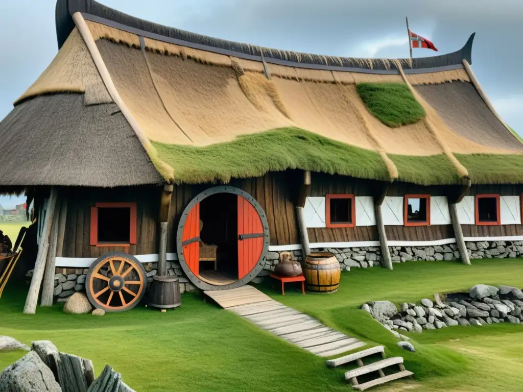 Escena detallada de un asentamiento vikingo en L'Anse aux Meadows con tallados en madera y techo de paja