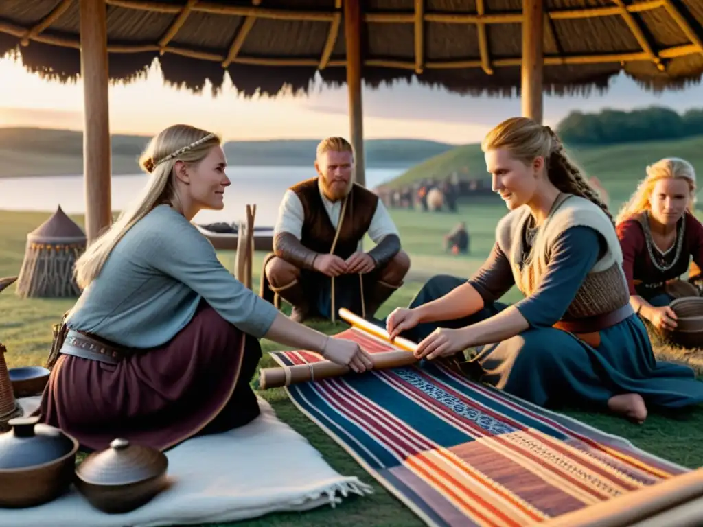 Escena detallada de asentamiento vikingo al amanecer: hombres y mujeres igualmente participando en diversas actividades