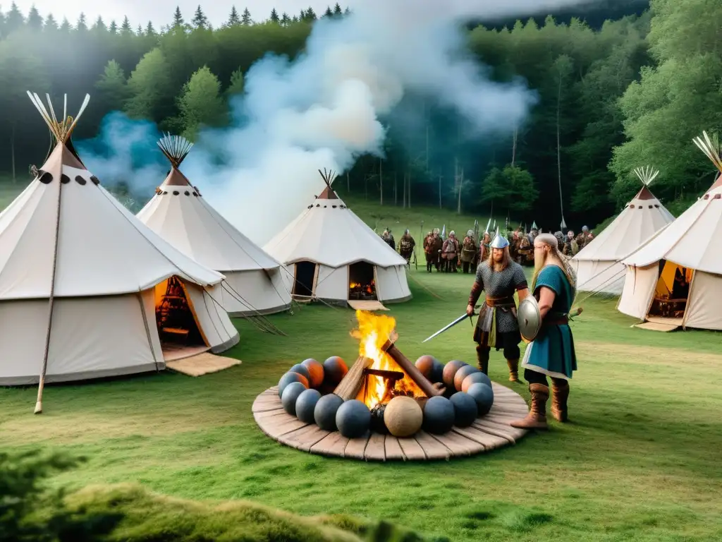 Escena detallada de un campamento vikingo moderno en el bosque nórdico: artesanía, cocina, combate y un barco vikingo