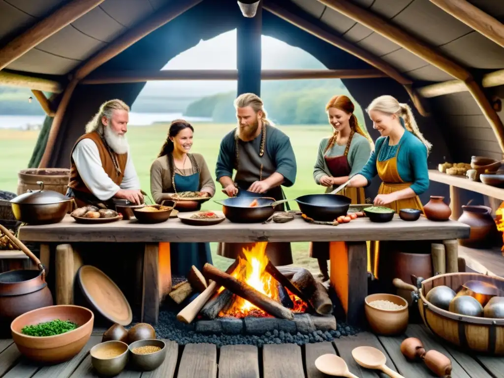 Una escena detallada de una cocina de casa larga vikinga con actividad frenética, hombres y mujeres preparando platos nórdicos tradicionales sobre una hoguera abierta