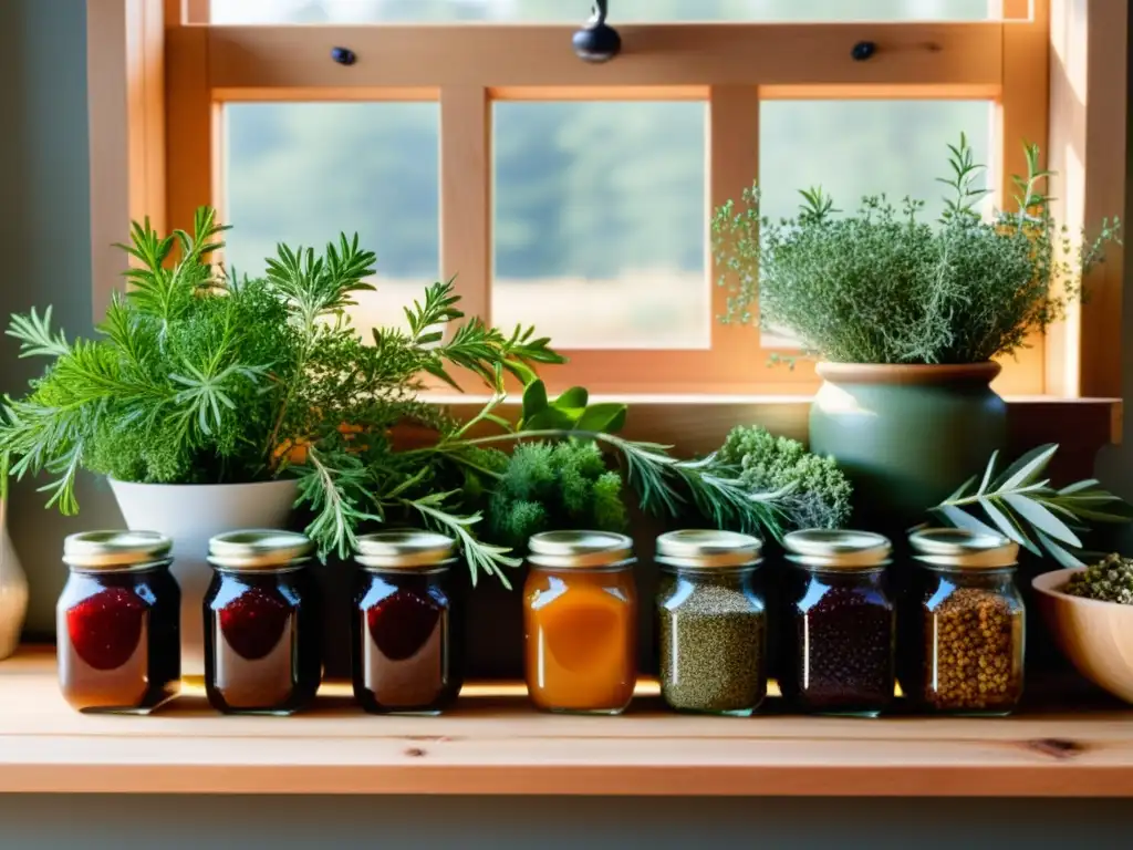 Escena detallada de una cocina nórdica con hierbas y especias vibrantes