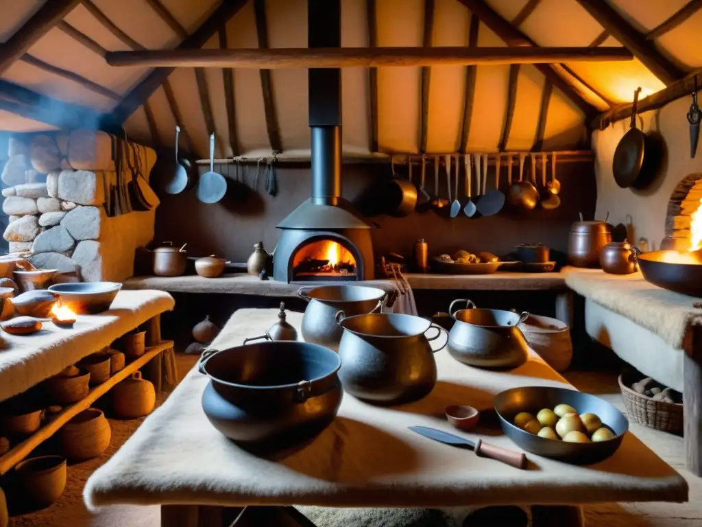 Escena detallada de cocina vikinga con reenactores preparando festín