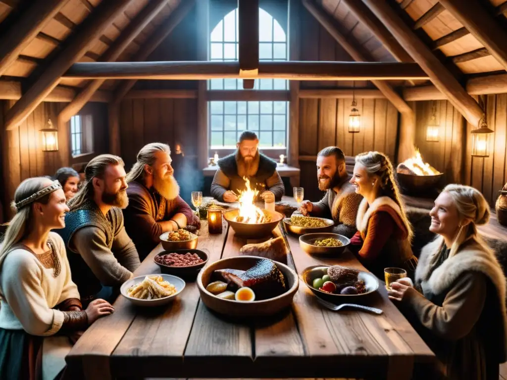 Una escena detallada de una festín vikingo en un salón rústico iluminado con antorchas, destacando la Alimentación en la Era Vikinga