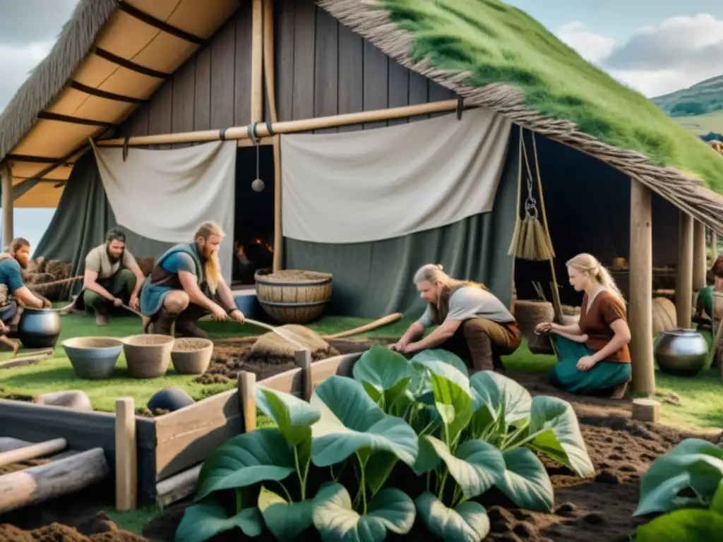 Escena detallada de una granja vikinga con actividad comunitaria