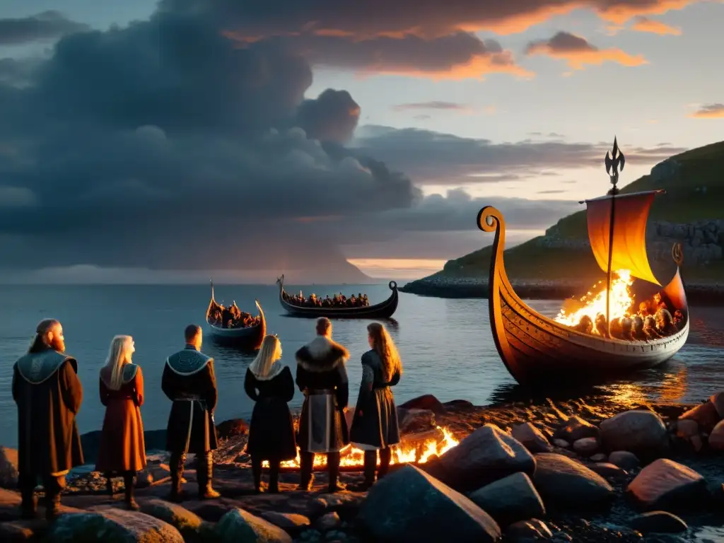 Escena emotiva de un funeral vikingo al atardecer en la costa rocosa, con una nave ardiendo y figuras vikingas