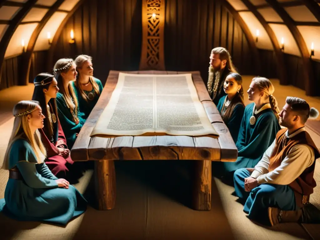 Una escena envolvente de consejería estudiantil inspirada en vikingos en una sala temática con estudiantes y un consejero sabio