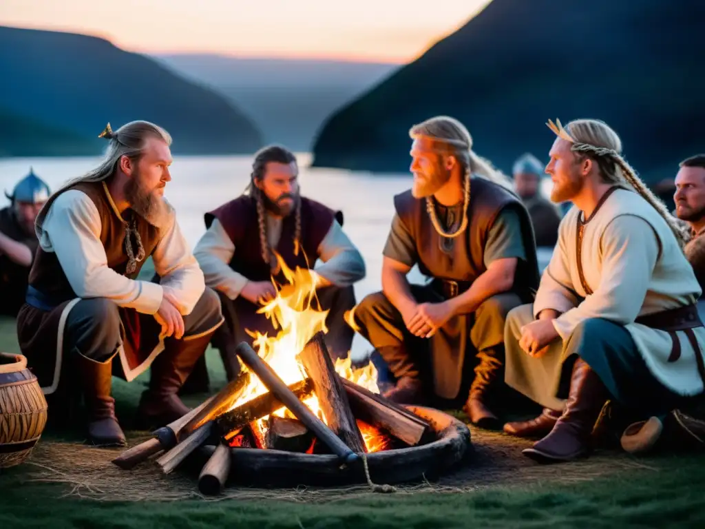 Una escena envolvente de reconstrucción histórica festivales vikingos al atardecer, con reenactores alrededor de una fogata