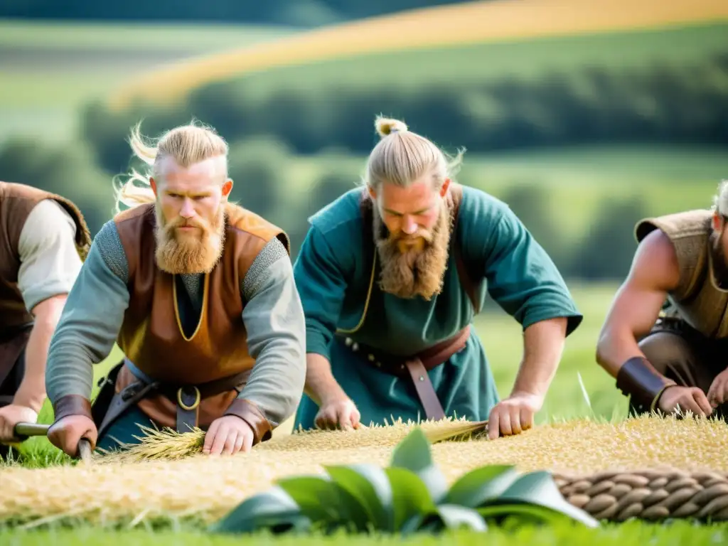 Una escena épica de agricultura vikinga en un campo de cebada, con reenactores vikingos bajo el sol nórdico