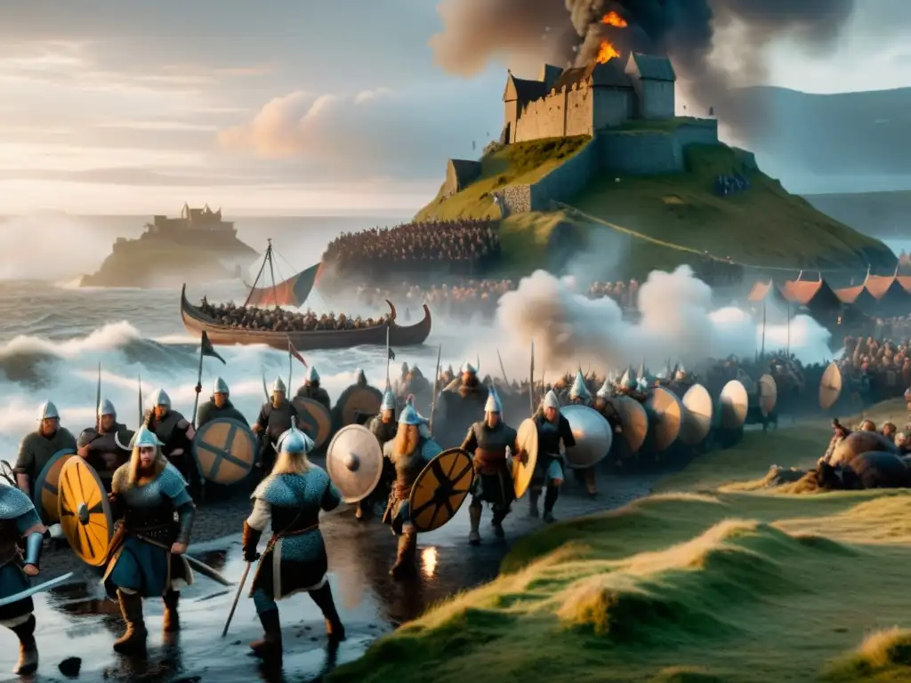 Escena épica de un ataque vikingo en la novela El Último Reino Vikinga