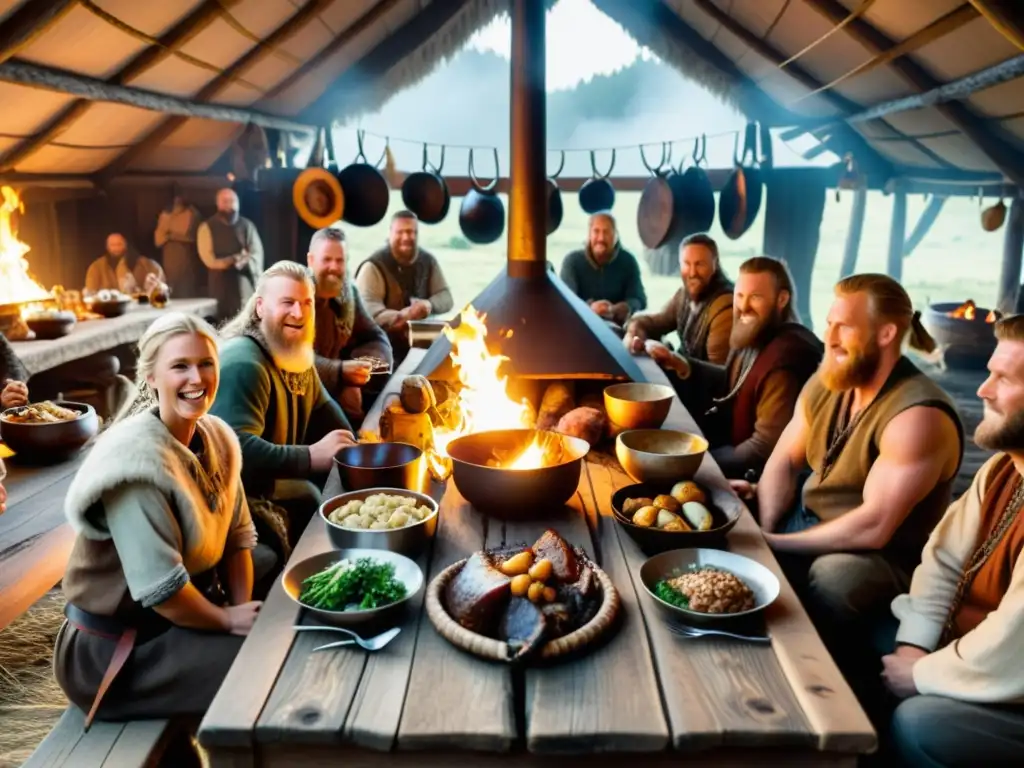 Escena épica de un banquete vikingo en una casa larga, con sabores nórdicos y dieta vikinga sabores norte