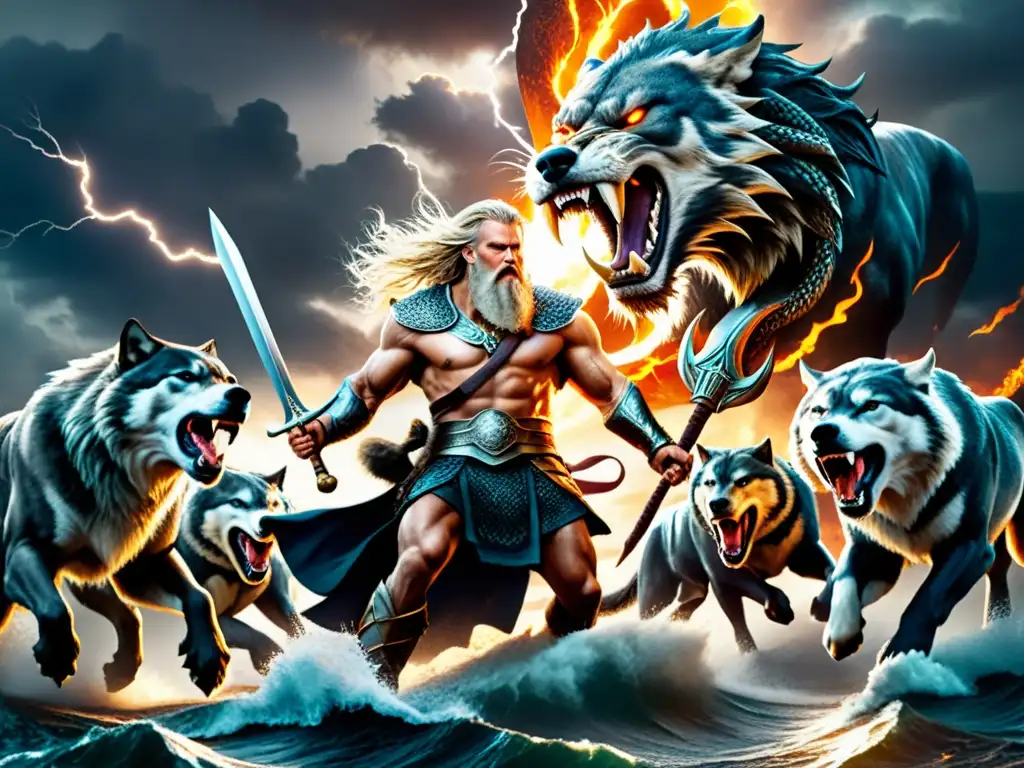 Escena épica del Ragnarök: Odin dirige la batalla con guerreros, Fenrir y Jormungandr, bajo un cielo apocalíptico