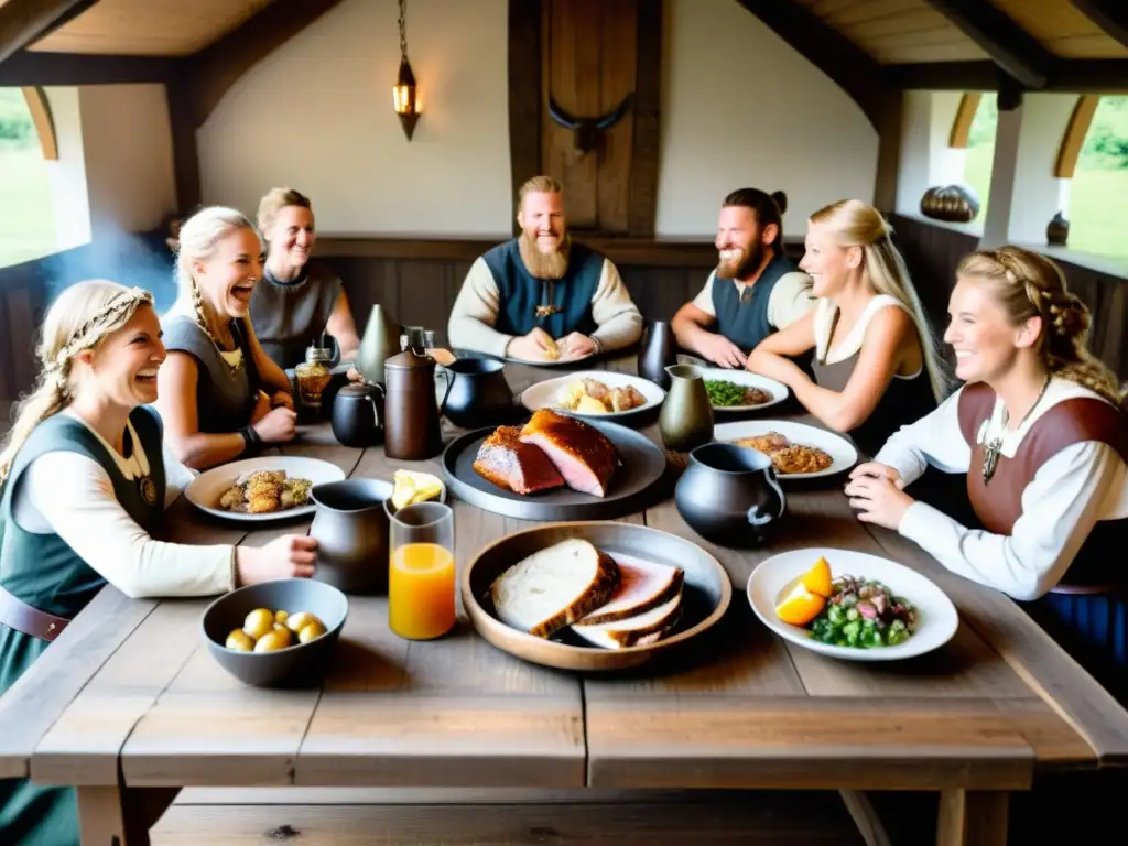 Una escena épica de un festín vikingo en un salón rústico con guerreros y escudos