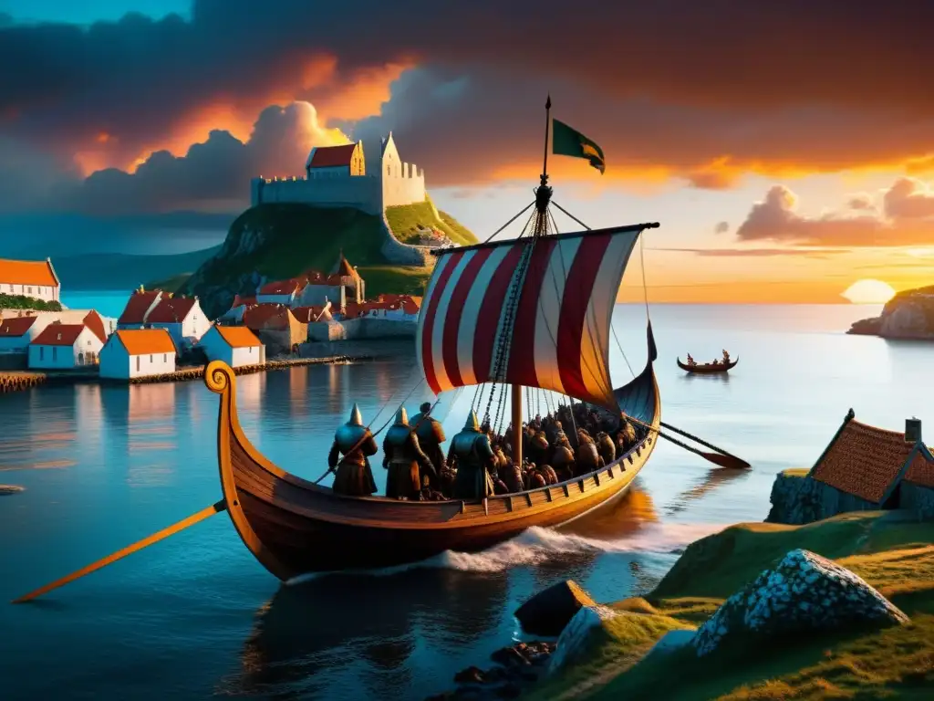 Escena épica de Cristianización en las incursiones vikingas: un drakkar se acerca a una aldea costera al atardecer, con guerreros y monjes