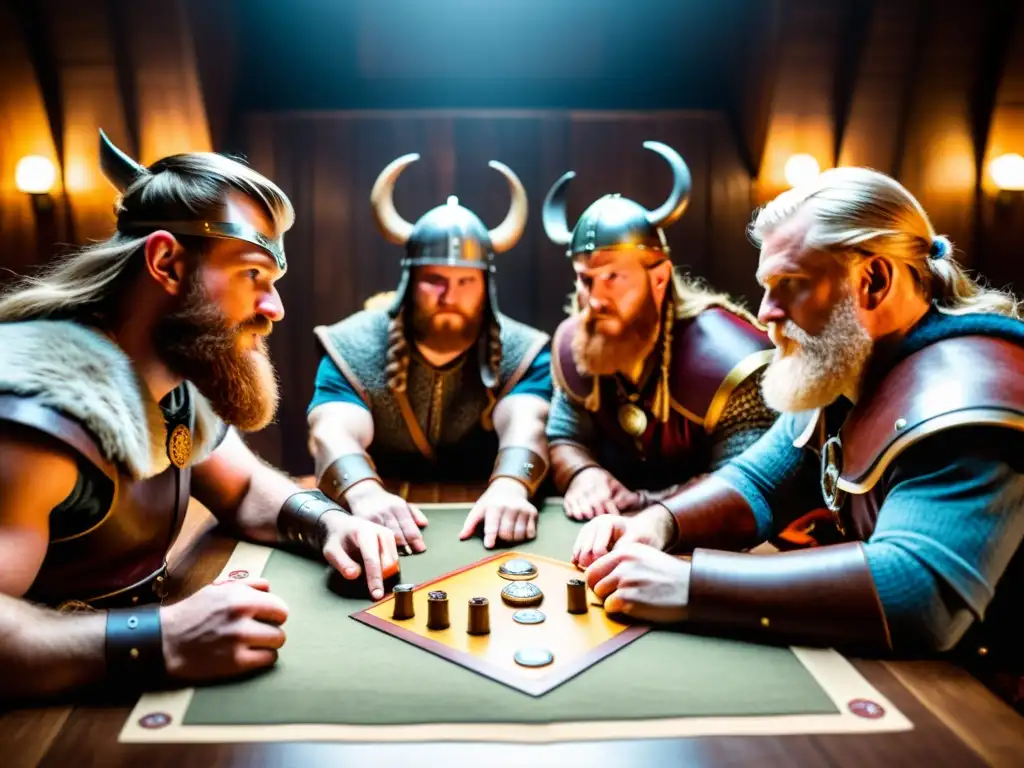 Una escena épica de juegos de mesa vikingos con decoración auténtica y jugadores concentrados