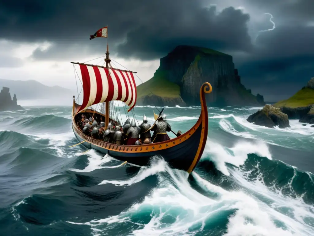 Una escena épica de una nave vikinga surcando aguas turbulentas bajo un cielo tormentoso, listos para la conquista vikinga en Mount & Blade