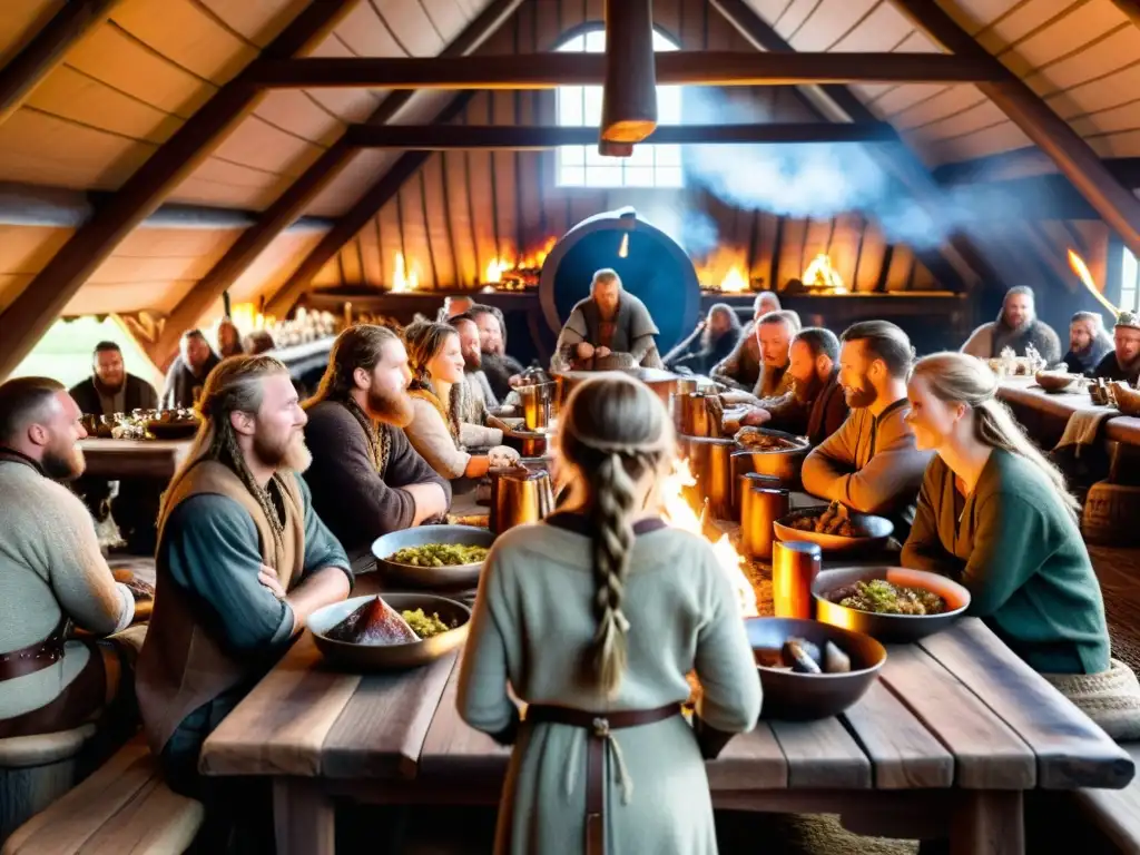 Escena épica en un salón vikingo con gastronomía tradicional y ambiente festivo