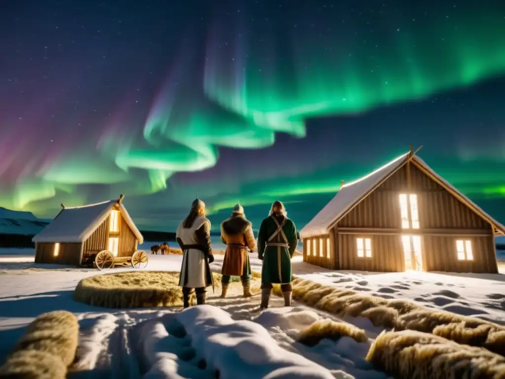 Escena épica: agricultura vikinga y cervecería nórdica contemporánea bajo auroras boreales