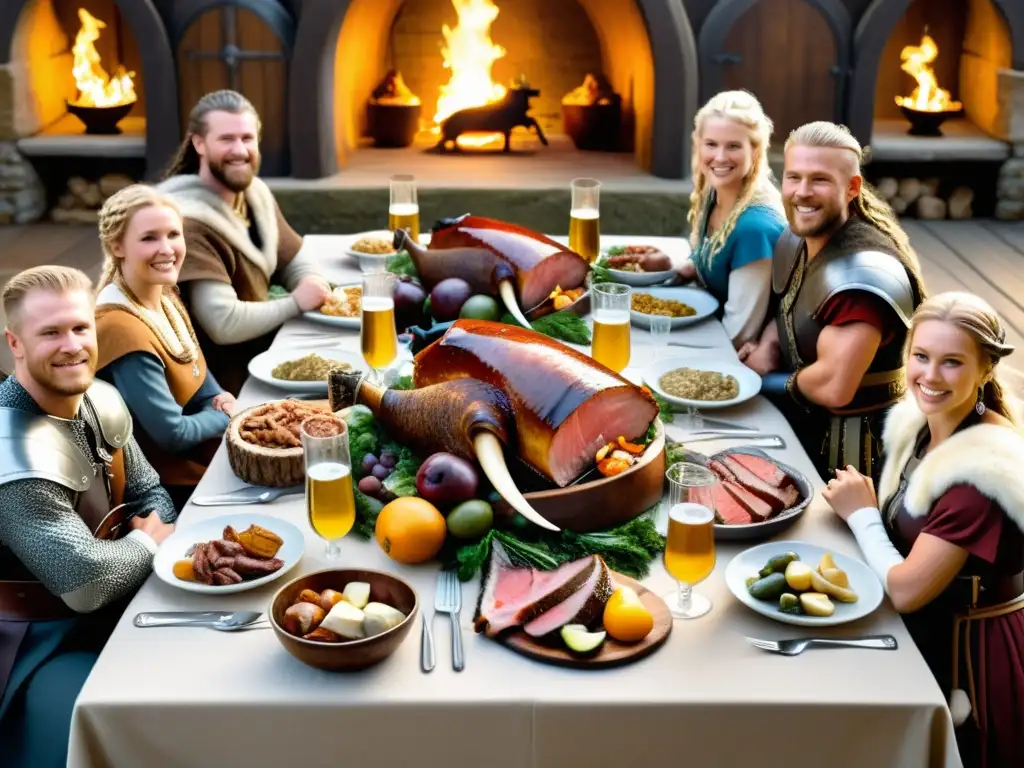 Escena épica de festín vikingo preparación asados con guerreros y doncellas celebrando en gran salón adornado con escudos y armas