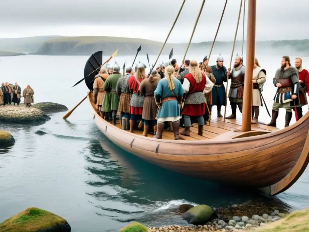 Una escena épica de Vikingos y misioneros cristianos en la costa, reflejando la transformación cultural vikinga tras cristianización