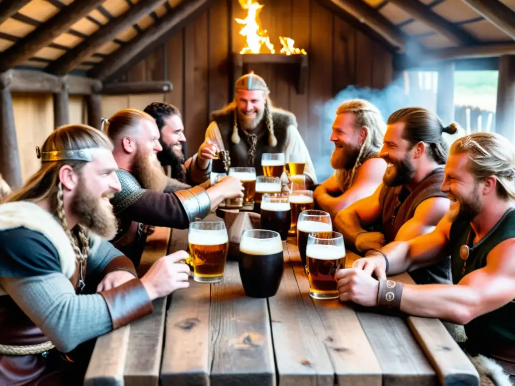 Una escena festiva de guerreros vikingos alrededor de una mesa llena de cuernos y jarras de cerveza y hidromiel