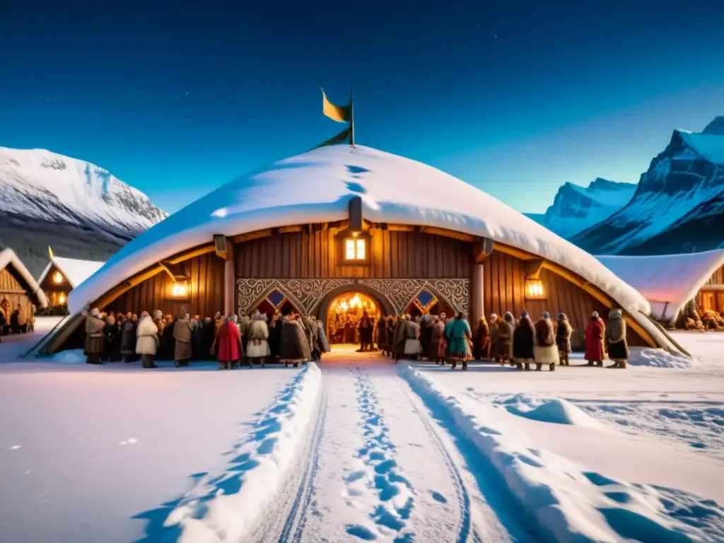 Escena de festividades vikingas tradicionales bajo aurora boreal y montañas nevadas