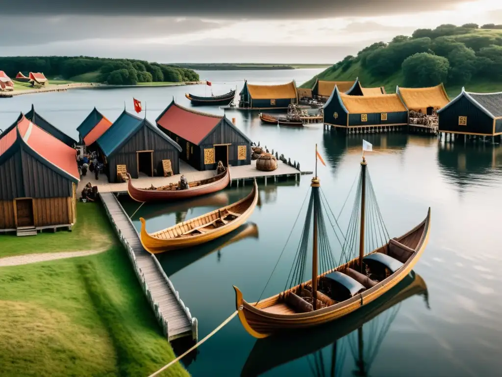 Escena histórica vikinga en Hedeby con barcos y mercaderes