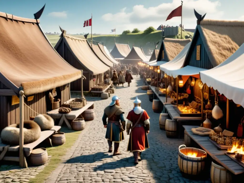 Escena histórica de Hedeby vikinga con mercaderes y barcos comerciales en el bullicioso mercado