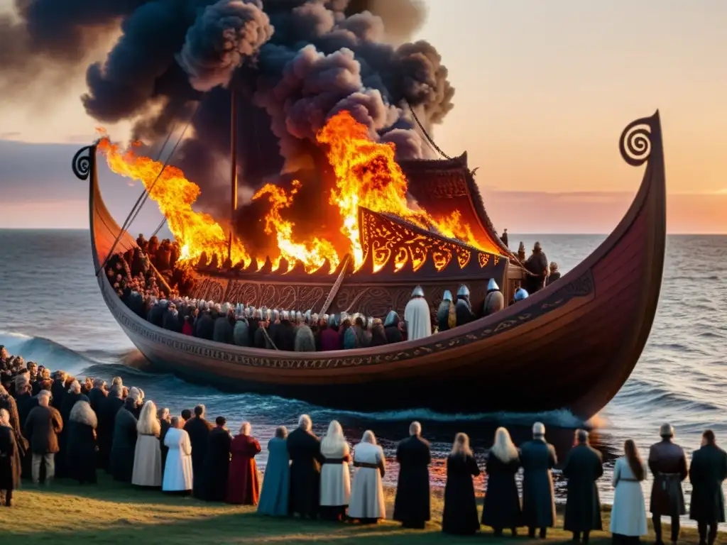 Escena impactante de un funeral vikingo: un majestuoso barco en llamas rodeado de vestimenta funeraria vikinga significado creencias