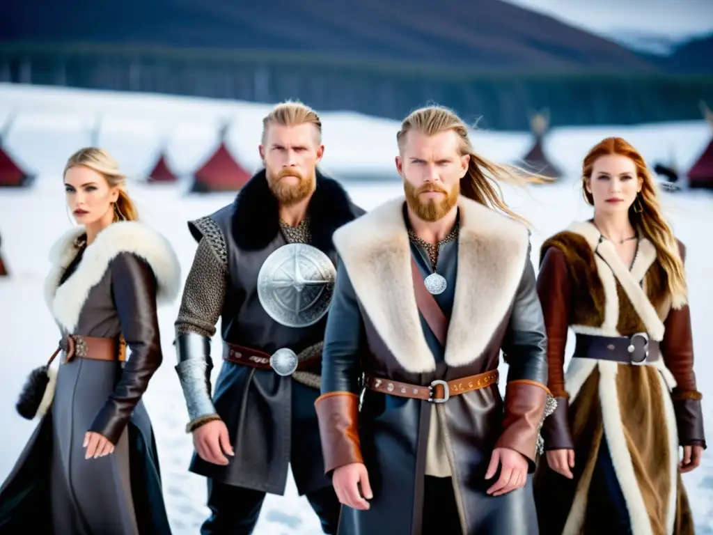 Una escena impactante de modelos con ropa de Moda actual inspirada en Vikingos, posando en un paisaje nórdico nevado
