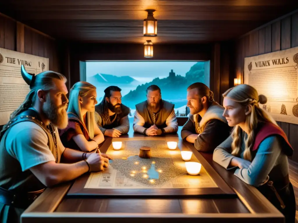 Una escena inmersiva de juego de mesa vikingo en un ambiente histórico con diseño detallado