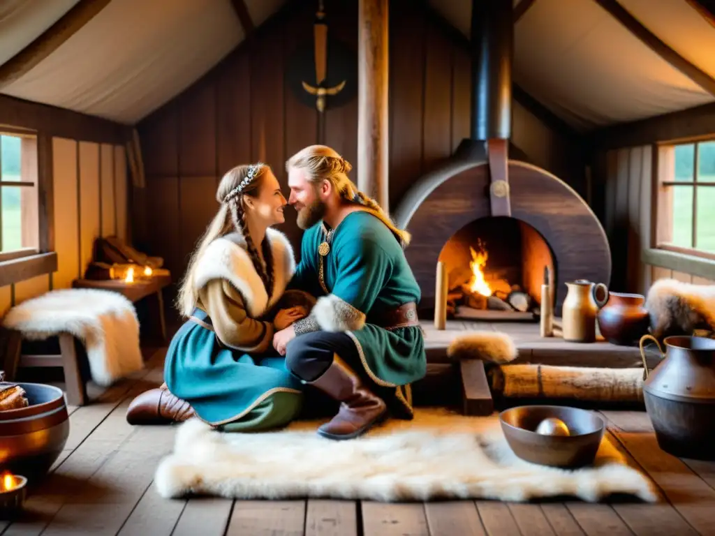 Escena íntima en una casa vikinga con pareja abrazándose junto al hogar