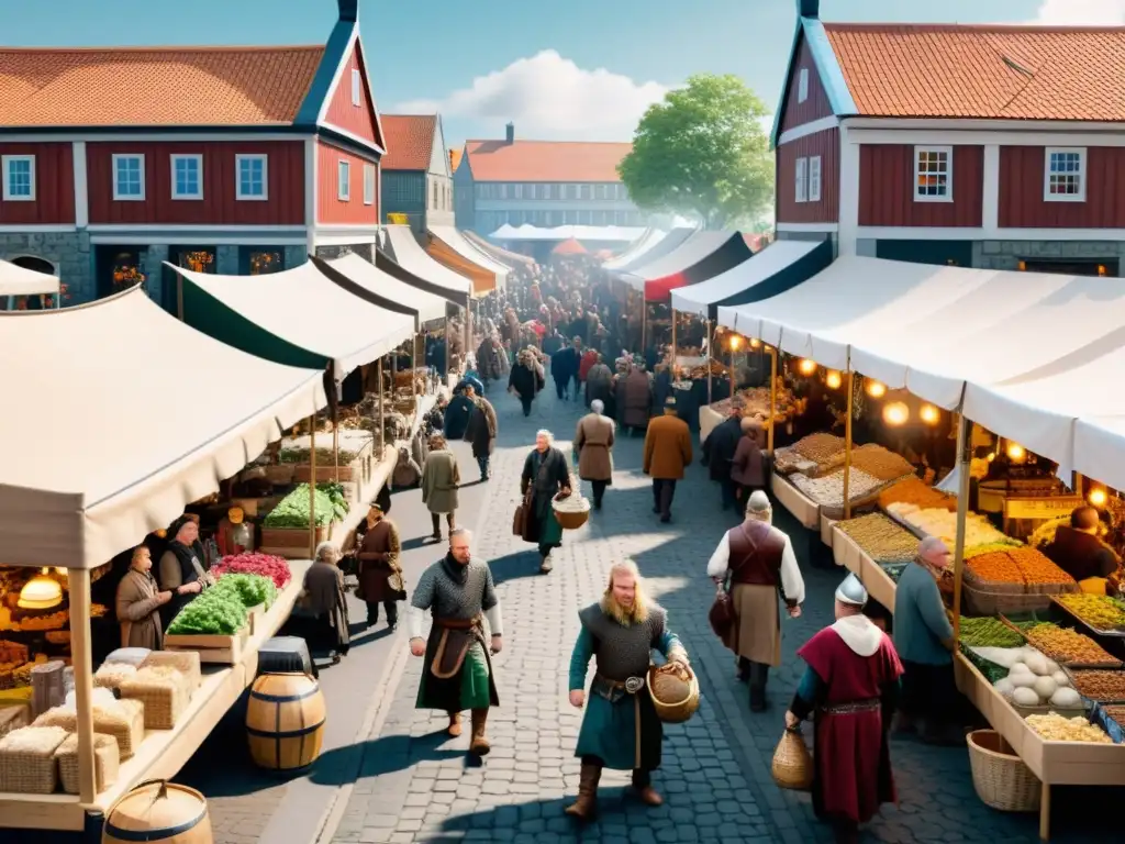 Escena de mercado callejero moderno con influencia vikinga en la actualidad