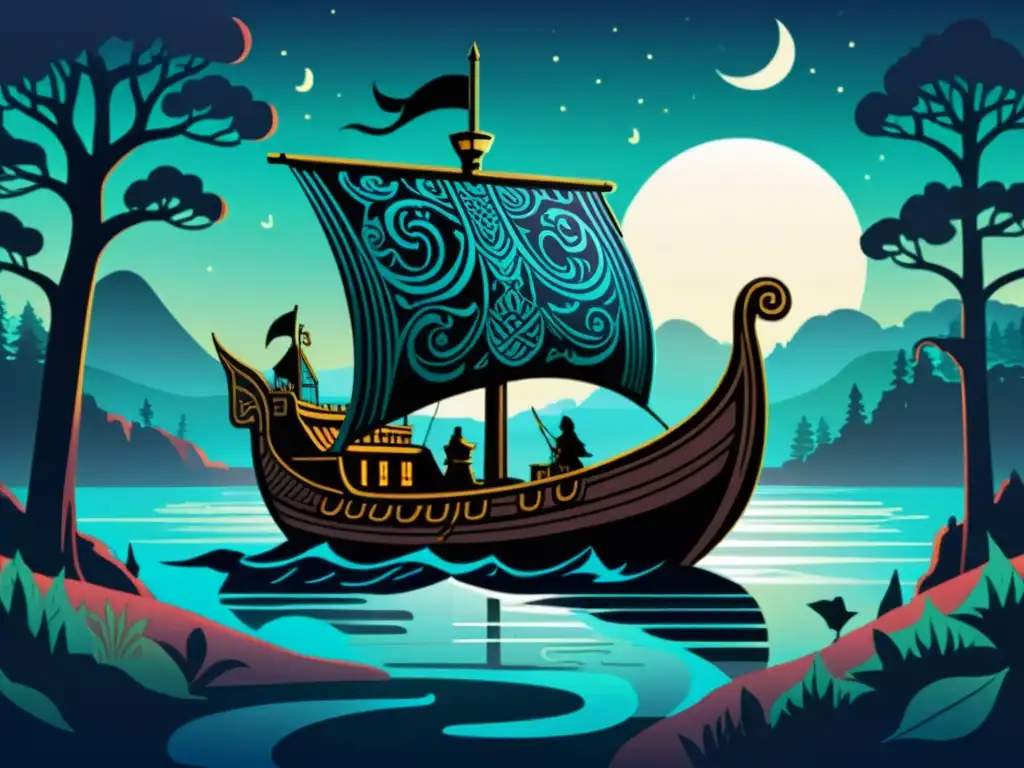 Escena de misterio vikingo en Thimbleweed Park: un barco vikingo detallado navega entre la neblina lunar, tripulado por figuras sombrías